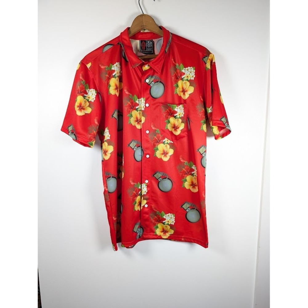 OAF Nation Polo Shirt Men Size XL Grenade Floral Hawaiian Military Veteran Aloha